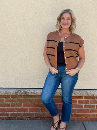 Camel Striped Button Up Sweater Vest