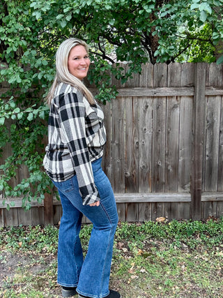 Tan & Black Stretch Plaid Button Up
