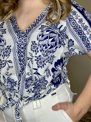 Short Sleeve Tie Waist Blouse