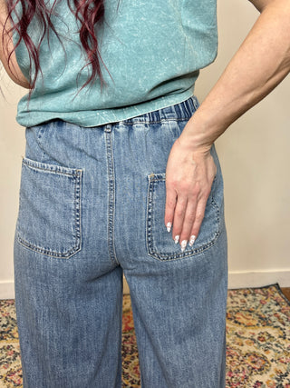 Wide Leg Denim Drawstring Pants