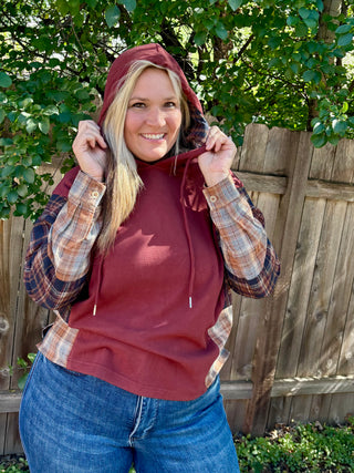 Maroon Soft Knit Hoodie with Mixed Plaid Details