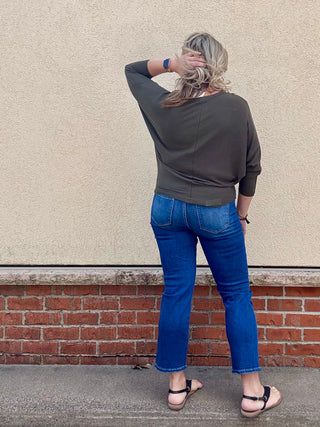 Olive Ribbed 3/4 Sleeve Dolman Top