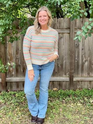 Crewneck Multi Color Textured Striped Long Sleeve Sweater