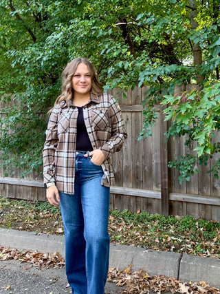 Light Brown, White, Black Stretch Plaid Button Up