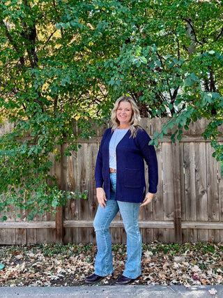 Navy Waffle Knit Open Cardigan Sweater