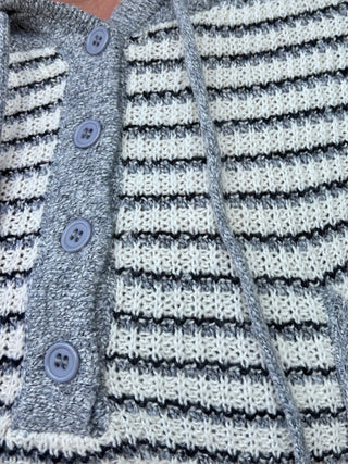 Charcoal Hoodie Sweater button Henley with Cream and Black Stripe