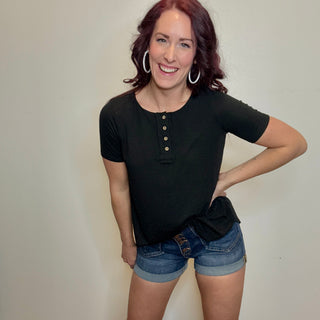 Black Short Sleeve Quarter Button Top
