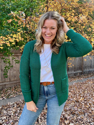 Hunter Green Waffle Knit Open Cardigan Sweater