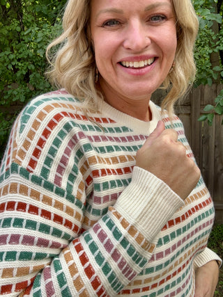 Crewneck Multi Color Textured Striped Long Sleeve Sweater