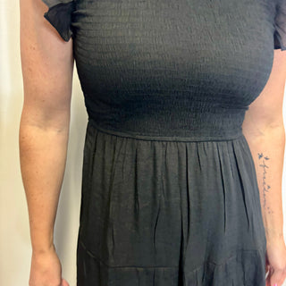 Black Woven Smocked Ruffle Sleeve Midi Dress
