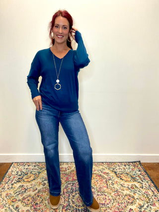 Navy V-Neck Wool Blend Sweater