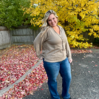 Light Olive Hooded V-Neck Long Sleeve