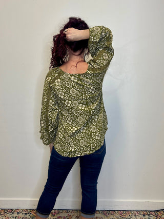 Green Lace Inset Bell Sleeve Blouse