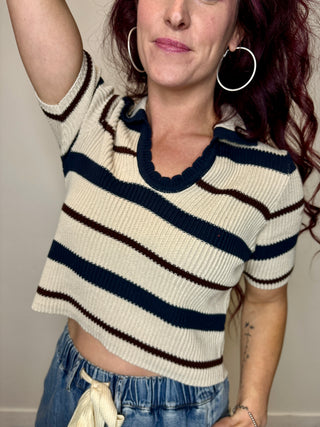 Navy Striped Collared Short Sleeve Cropped Sweater