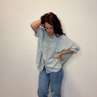 Oversized Teal Striped Button Down Short Sleeve