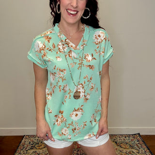 Mint Floral Ribbed Top