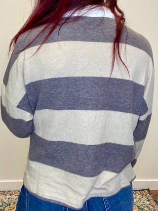 Gray/Cream Striped Hacci Polo Sweater