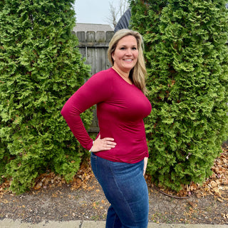 Burgundy Basic Round Neck Long Sleeve