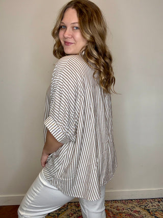 Oversized Brown Striped Button Down Short Sleeve
