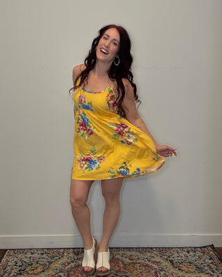Yellow Flower Print Mini Tank Dress