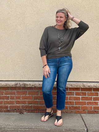 Olive Ribbed 3/4 Sleeve Dolman Top