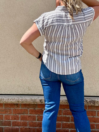 Stripe Collared Half Button Short Sleeve