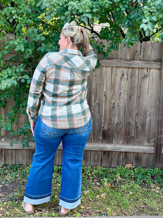 Cream, Tan, Green Stretch Plaid Button Up
