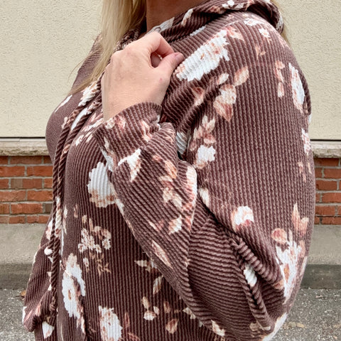 Brown Floral Ribbed Hoodie