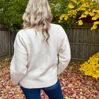 Ivory Crew Neck Sweater with Kangaroo Pocket