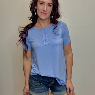 Spring Blue Short Sleeve Quarter Button Top