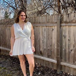 Off White Woven Crinkle Romper with Tie Open Back