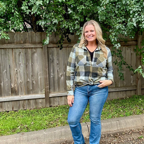Olive, Black Plaid Button Up