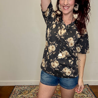 Charcoal Floral Ribbed Top