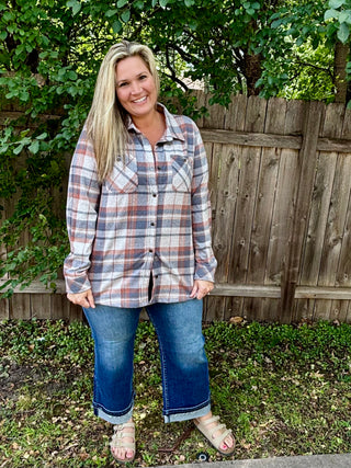 Blue, Blush, Tan Stretch Plaid Button Up
