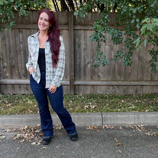 Taupe, Black, Tan Plaid Button Up