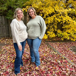 Ivory Crew Neck Sweater with Kangaroo Pocket