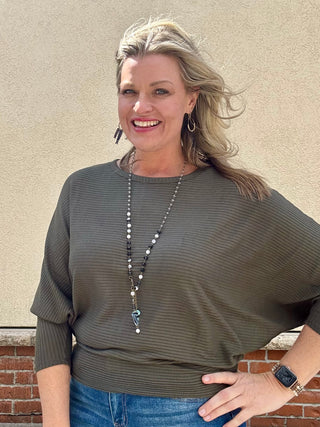 Olive Ribbed 3/4 Sleeve Dolman Top