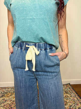 Wide Leg Denim Drawstring Pants