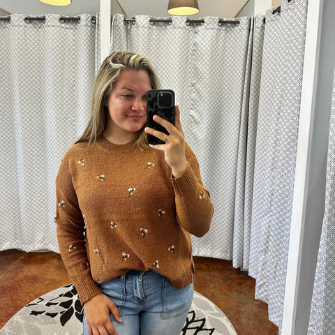 Rust Flower Embroidered Sweater