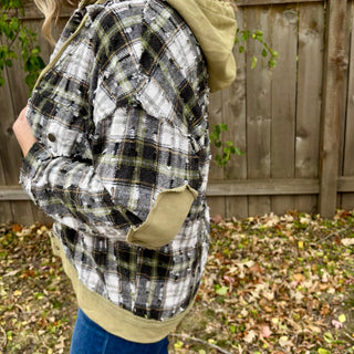 Olive and Black Plaid Hooded Button Up