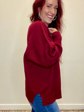 Dark Burgundy Side Slit Oversized Sweater