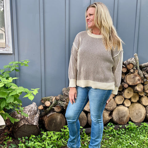 Brown Two Tone Crew Neck Sweater
