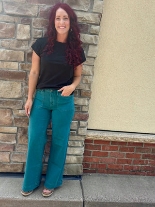 Judy Blue Mid Rise Teal Mr Utility Wide Leg Jean