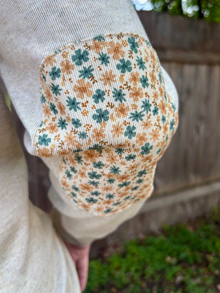 Oatmeal Micro Brushed Crewneck Sweatshirt with Floral Detailed Elbow Patches and Cross Neck