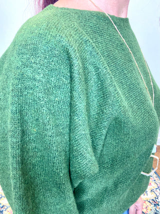 Dark Olive Boat Neck Balloon Sleeve Sweater