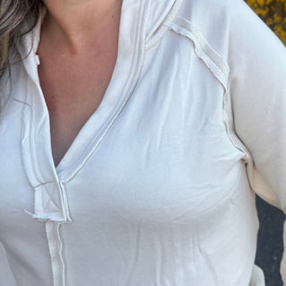 Cream Hooded V-Neck Long Sleeve