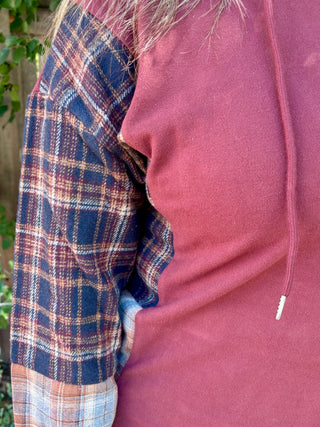 Maroon Soft Knit Hoodie with Mixed Plaid Details