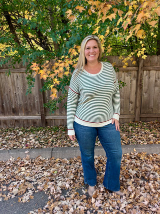 Dark Sage Striped Crew Neck Pullover