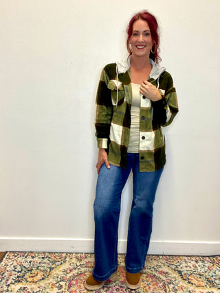 Olive Plaid Hooded Fleece Shacket