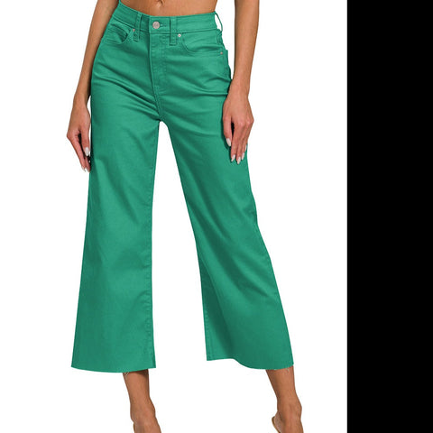 Zenana Kelly Green High Rise Cropped Flare Pant